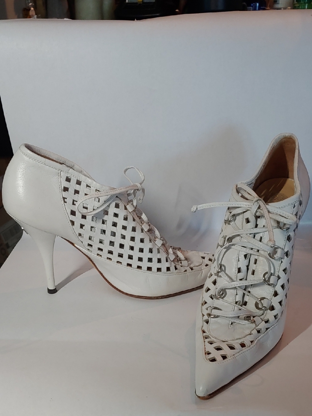 Genuine Versace 1980's White Lace-Up Pointed Cutout Booties